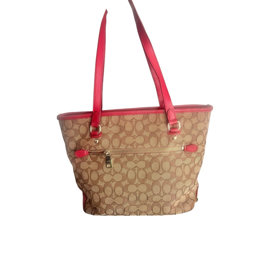 Coach Signature Coated Canvas and Red Leather Trim Purse Tote Gold Hardware - Picture 2 of 16
